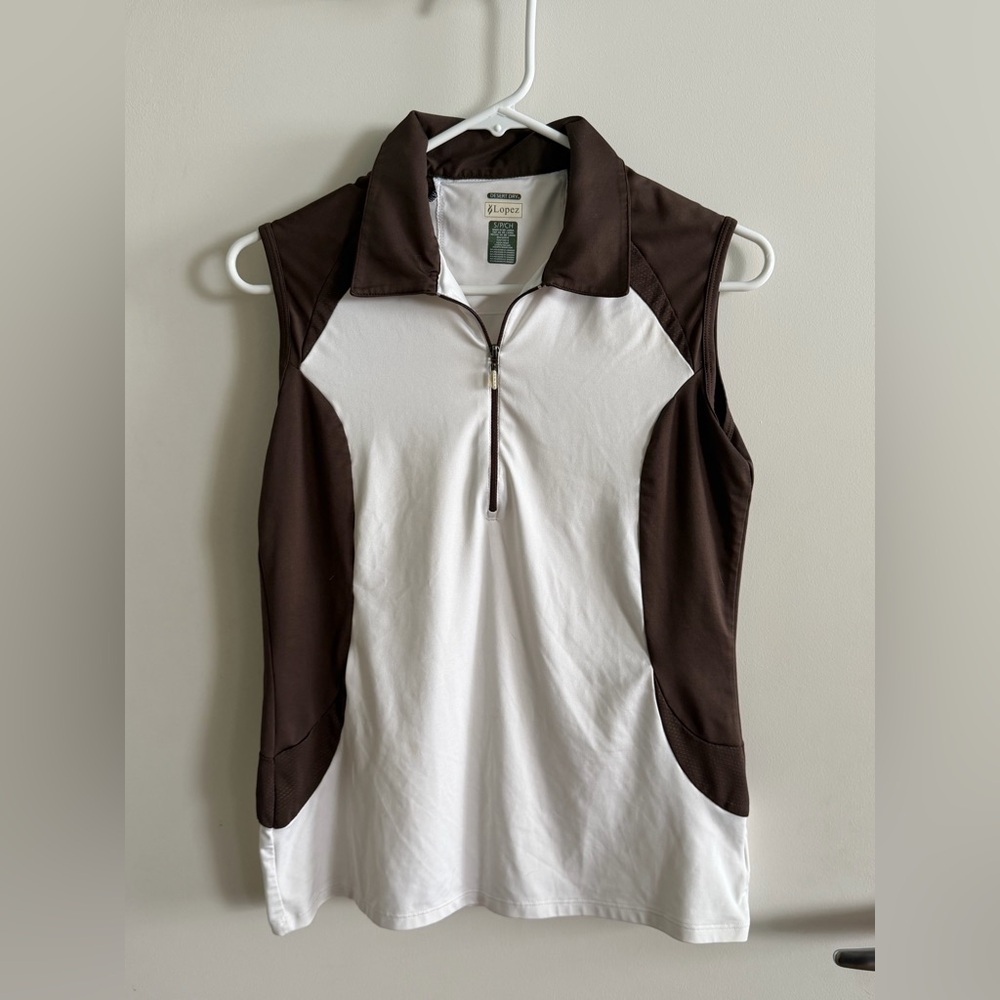 Lopez Sleeveless Half-Zip Golf Polo Tank in Brown and White